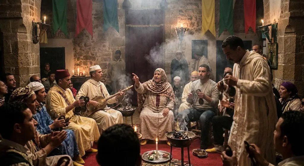The ritual space of a Gnawa lila — the sacred arena Aicha Qebral commanded with absolute authority