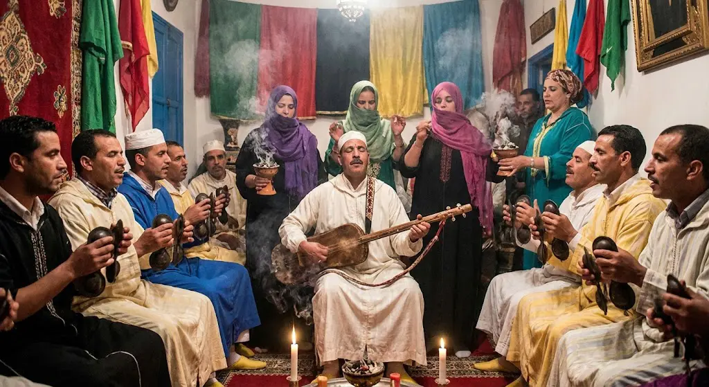 A traditional Gnawa lila ceremony — the healing ritual Boubker Gania dedicated his life to