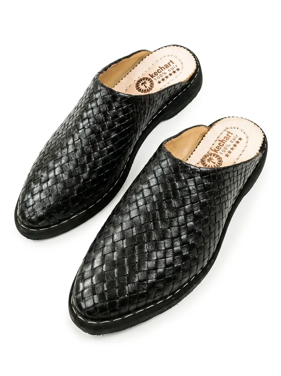Black leather babouche slippers handmade Moroccan Berber shoes