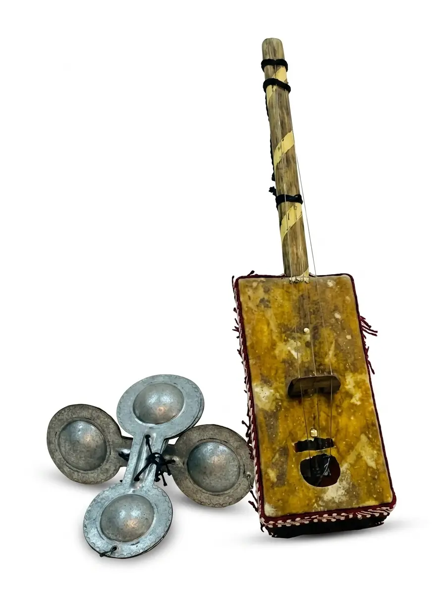 Gnawa guembri and qraqeb set handmade Moroccan instruments