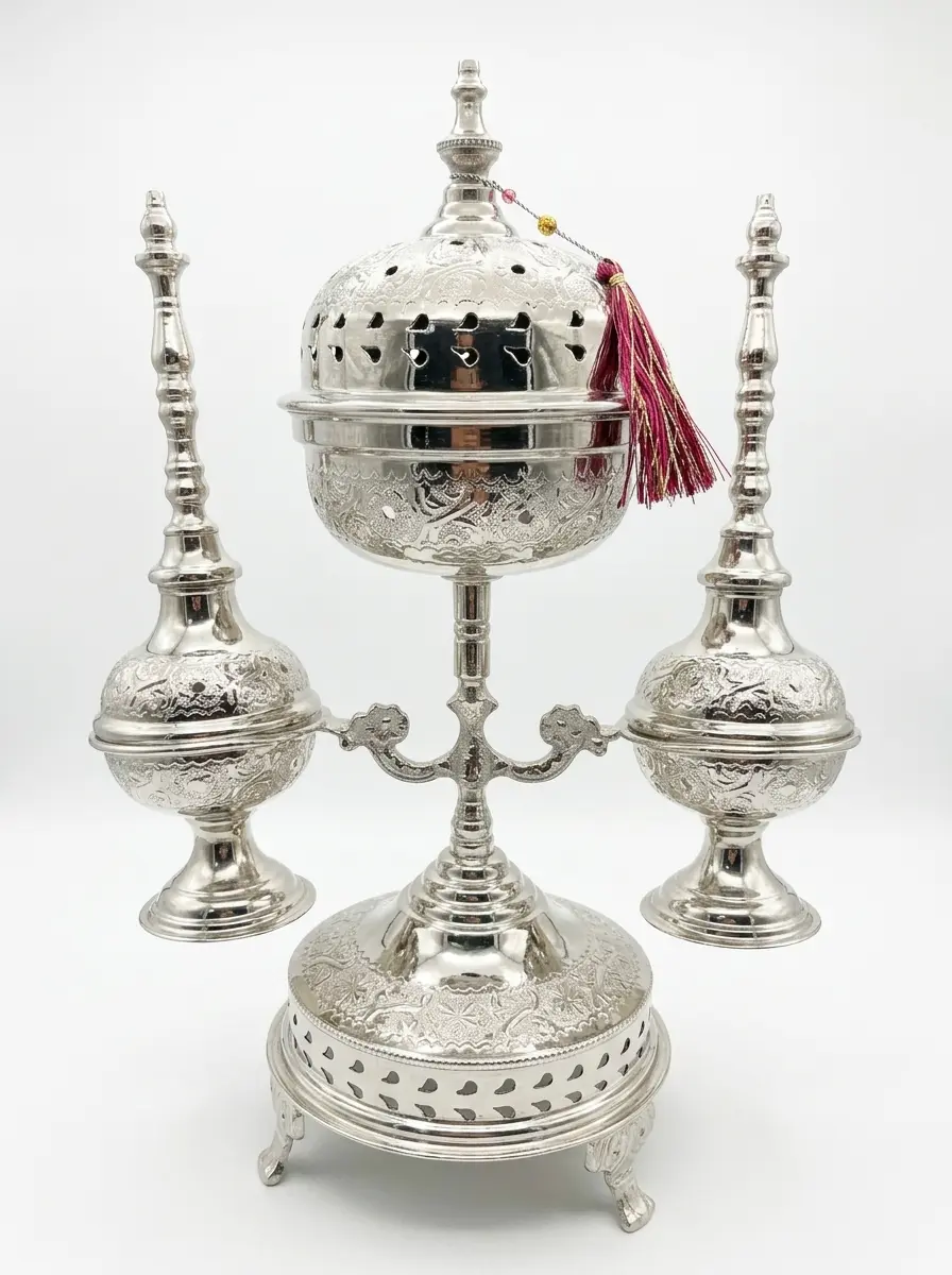 Authentic Moroccan incense burner set Fes nickel plated brass mabkhara rose water