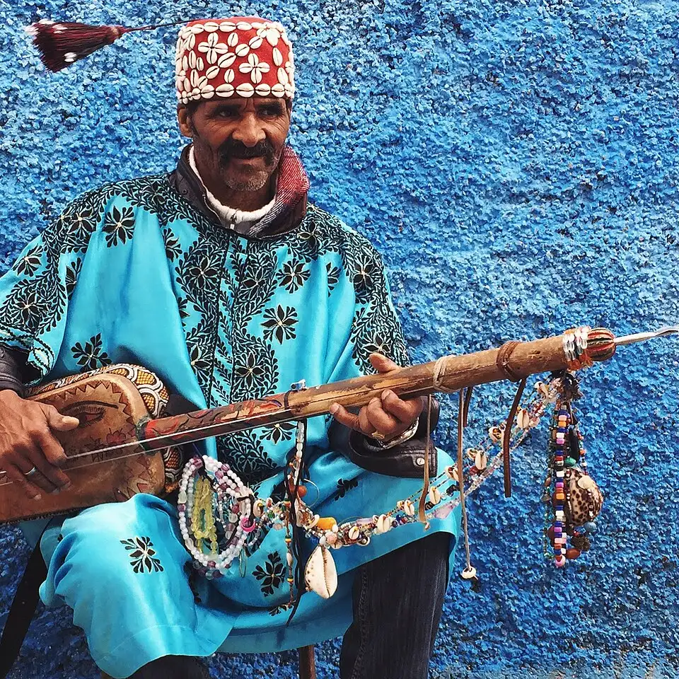 Cowrie shells on Gnawa costume and instruments