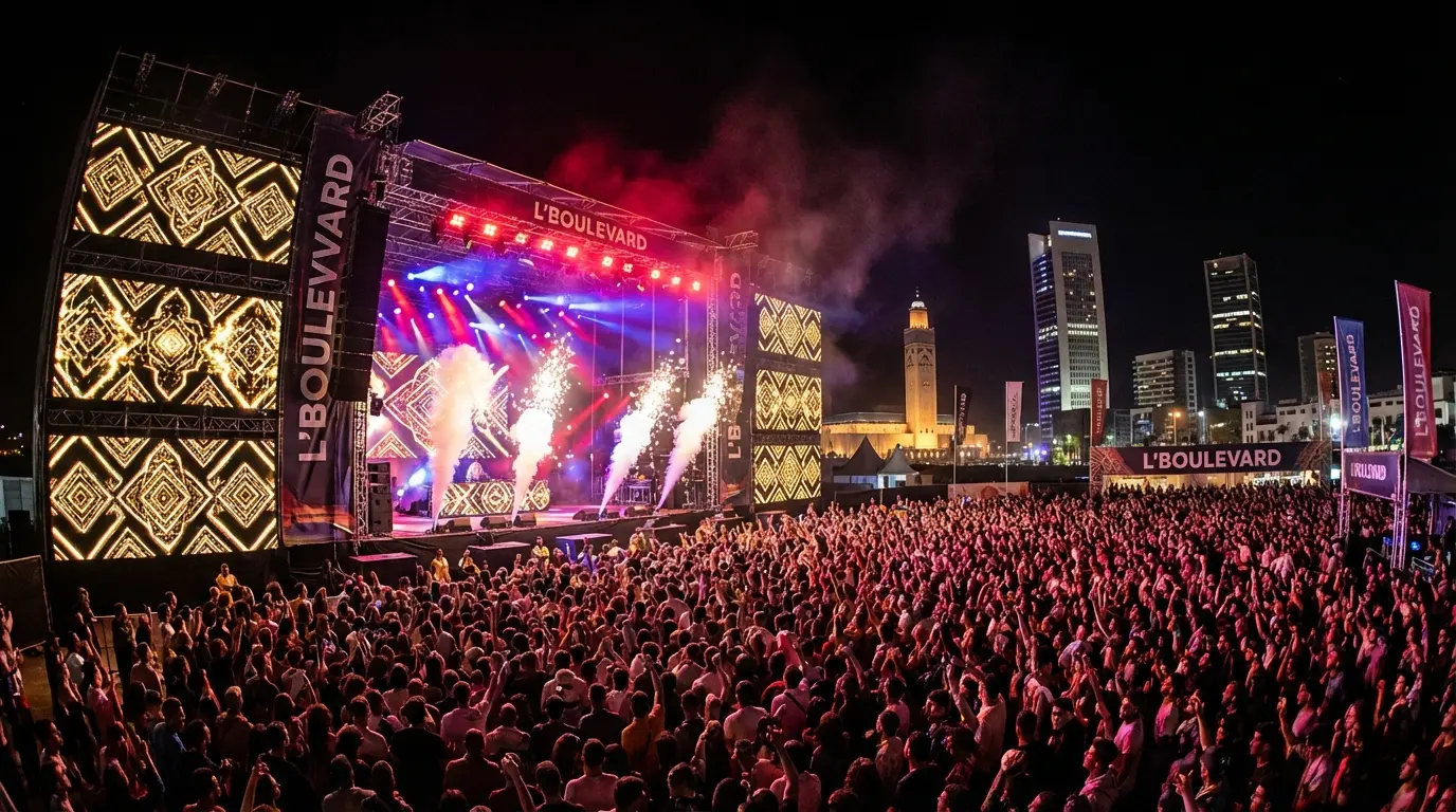 L'Boulevard festival stage with Gnawa fusion performance in Casablanca