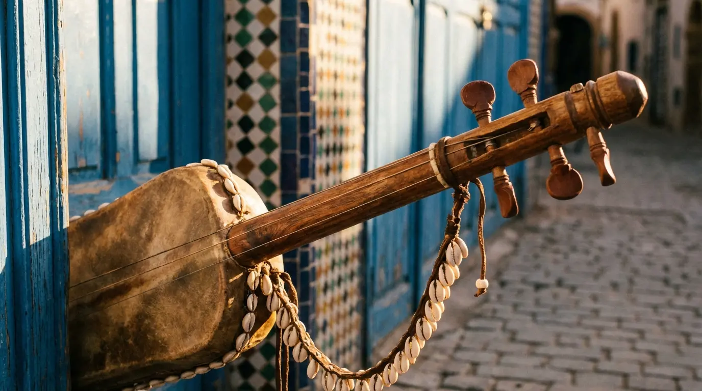 A Gnawa Guembri close-up from Essaouira