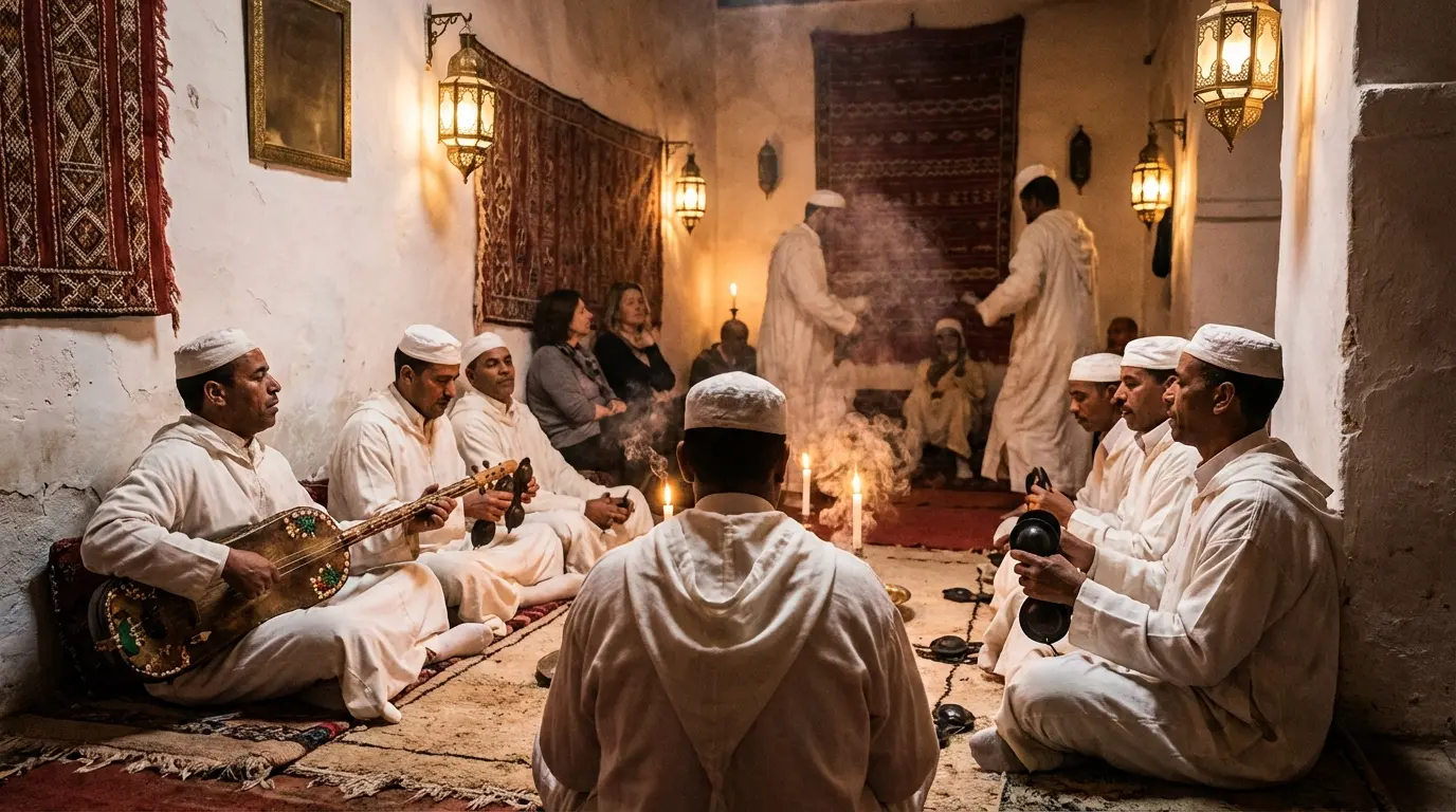 Inside a Zaouia during a Gnawa ceremony