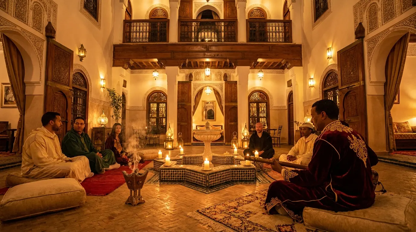 Gnawa Guembri performance inside a traditional Fasi riad