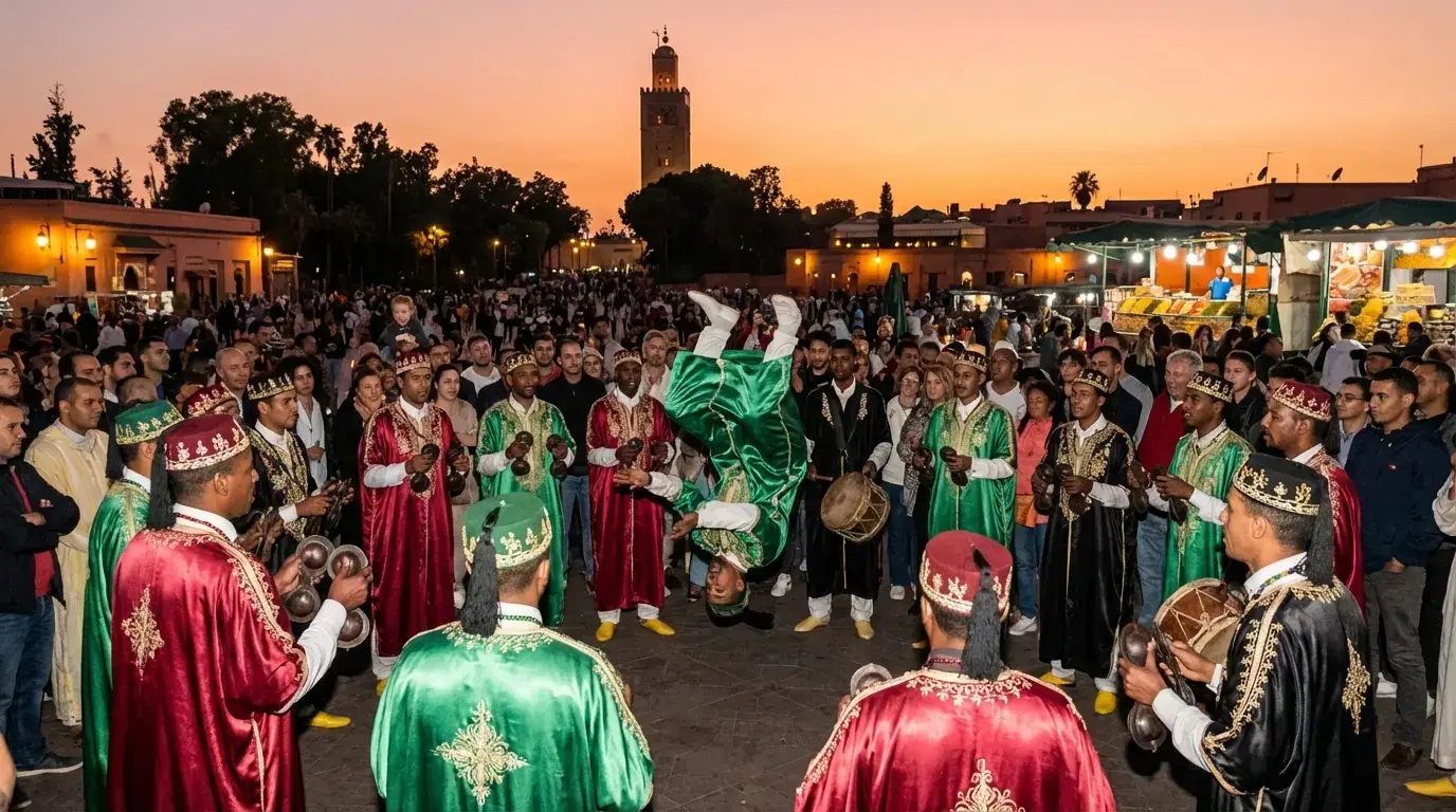 Gnawa musicians performing at Jemaa el-Fna, Marrakech