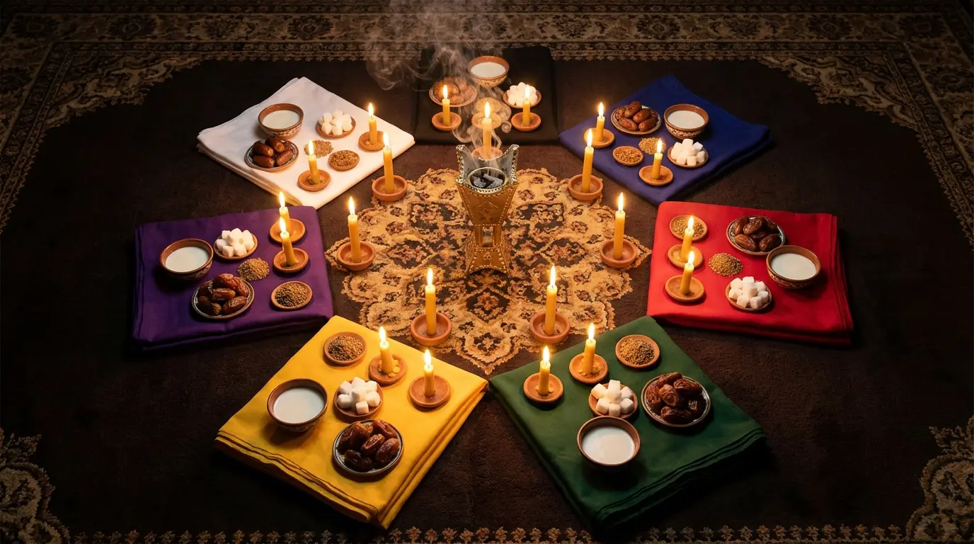 Gnawa ceremony with ritual colors in Marrakech